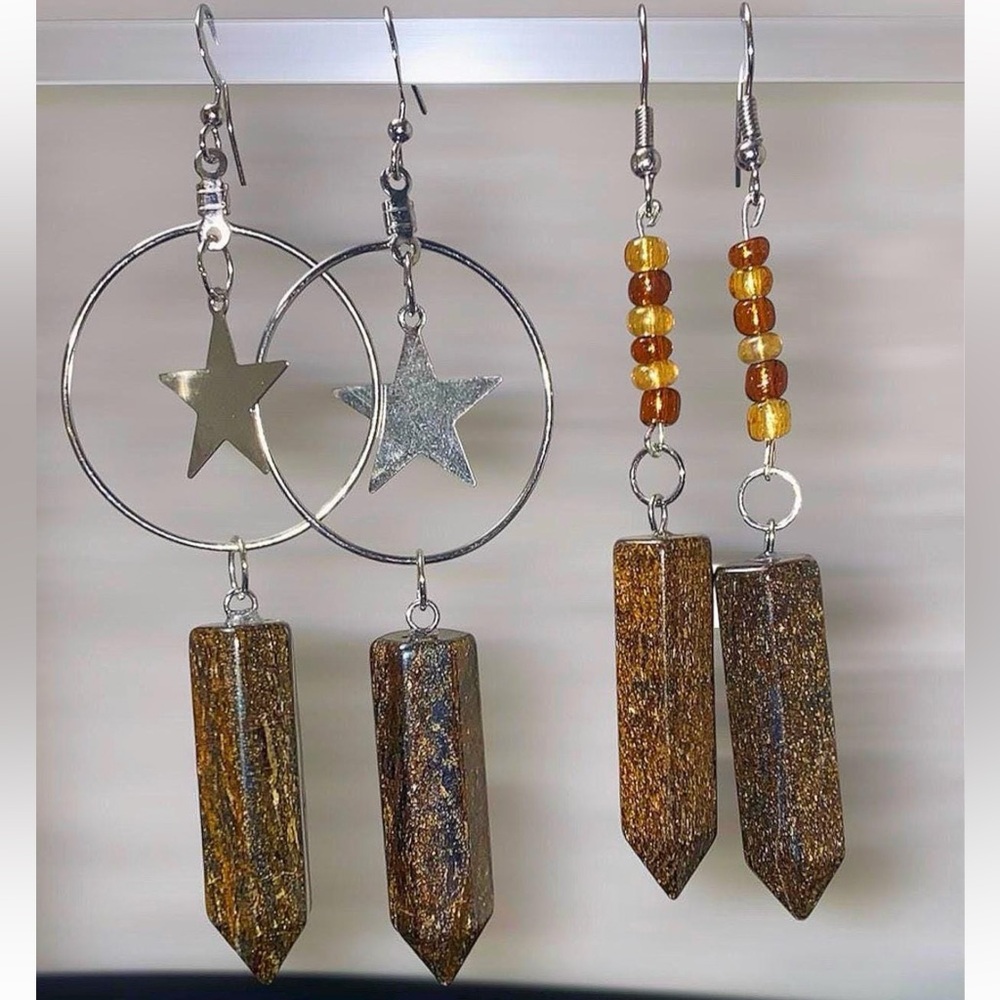 Bohemian Silver Dangle Earrings with Natural Bronzite Stone